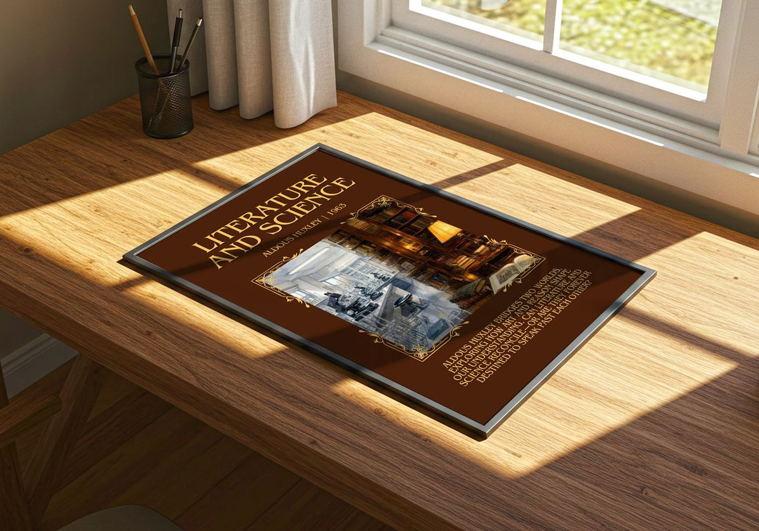 Literature And Science Minimalist Book Poster by Aldous Huxley – print on a sunlit desk