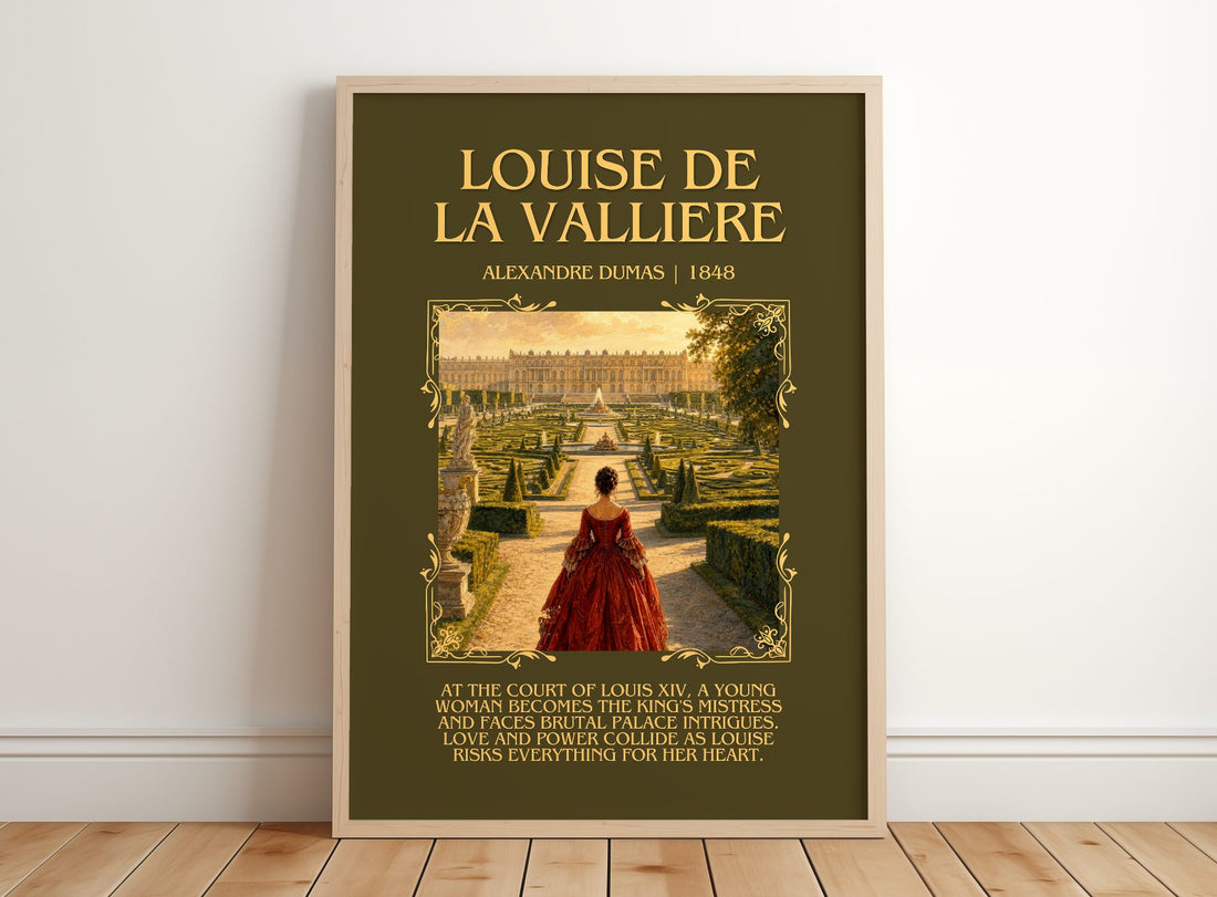 Louise De La Vallière Minimalist Book Poster by Alexandre Dumas – framed print leaning on a wooden floor