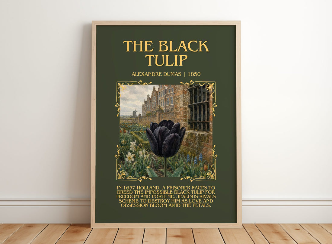 The Black Tulip Minimalist Book Poster by Alexandre Dumas – framed print leaning on a wooden floor