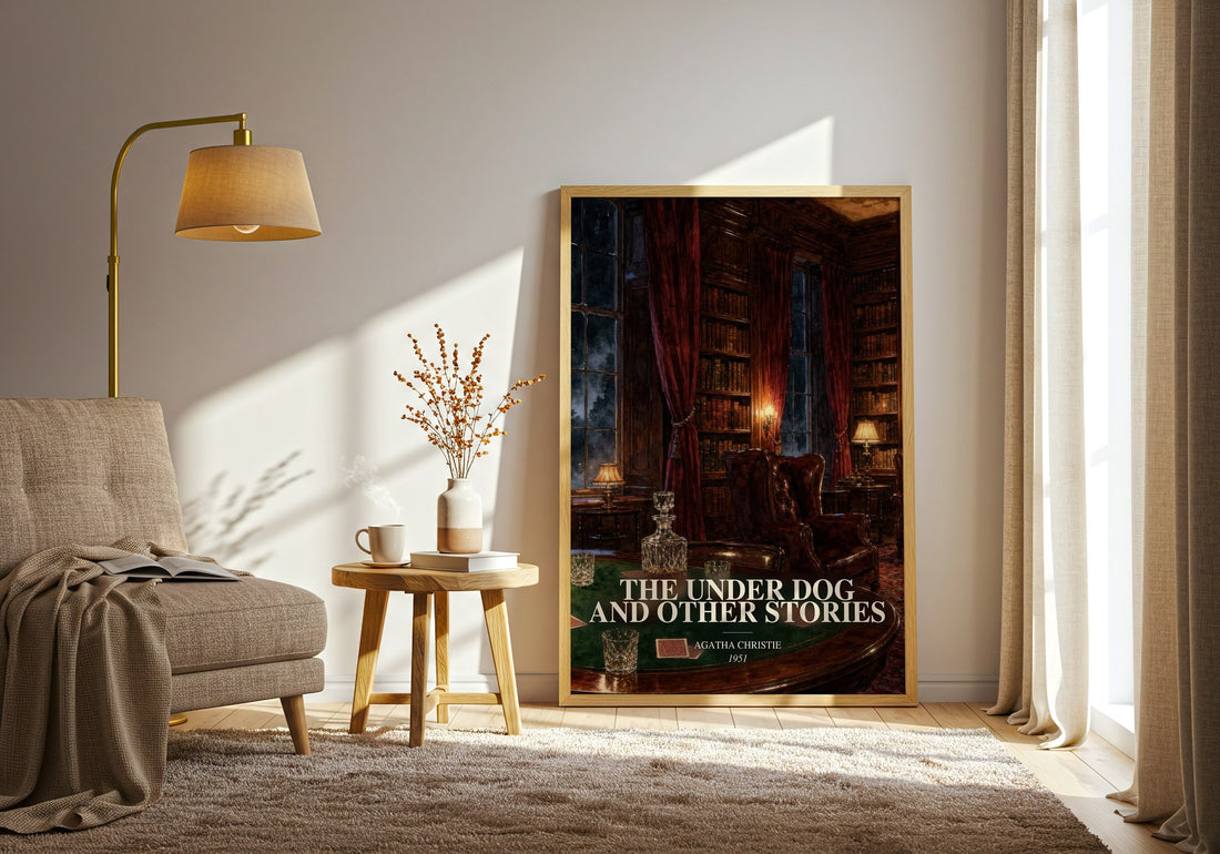 The Under Dog And Other Stories watercolour print in frame leaning in hallway – mystery wall art (mockup)
