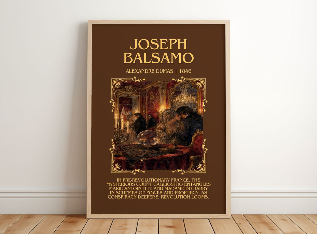 Joseph Balsamo Minimalist Book Poster by Alexandre Dumas – framed print leaning on a wooden floor