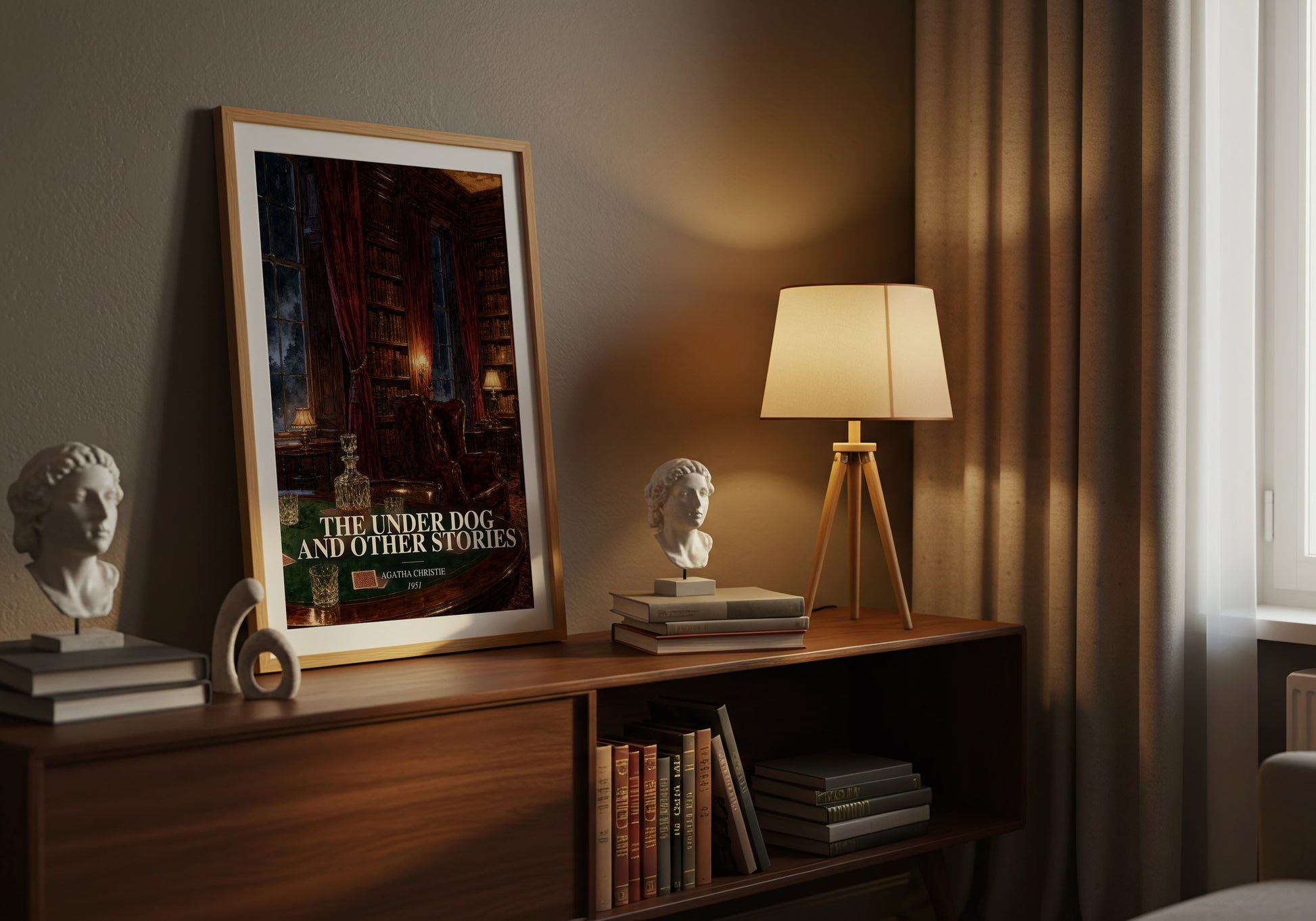The Under Dog And Other Stories watercolour print on bookshelf – Agatha Christie fan gift