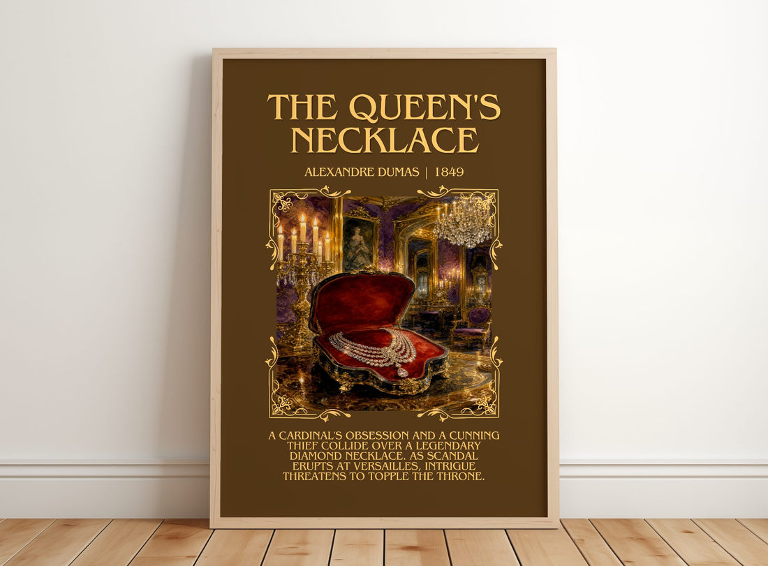 The Queen'S Necklace Minimalist Book Poster by Alexandre Dumas – framed print leaning on a wooden floor
