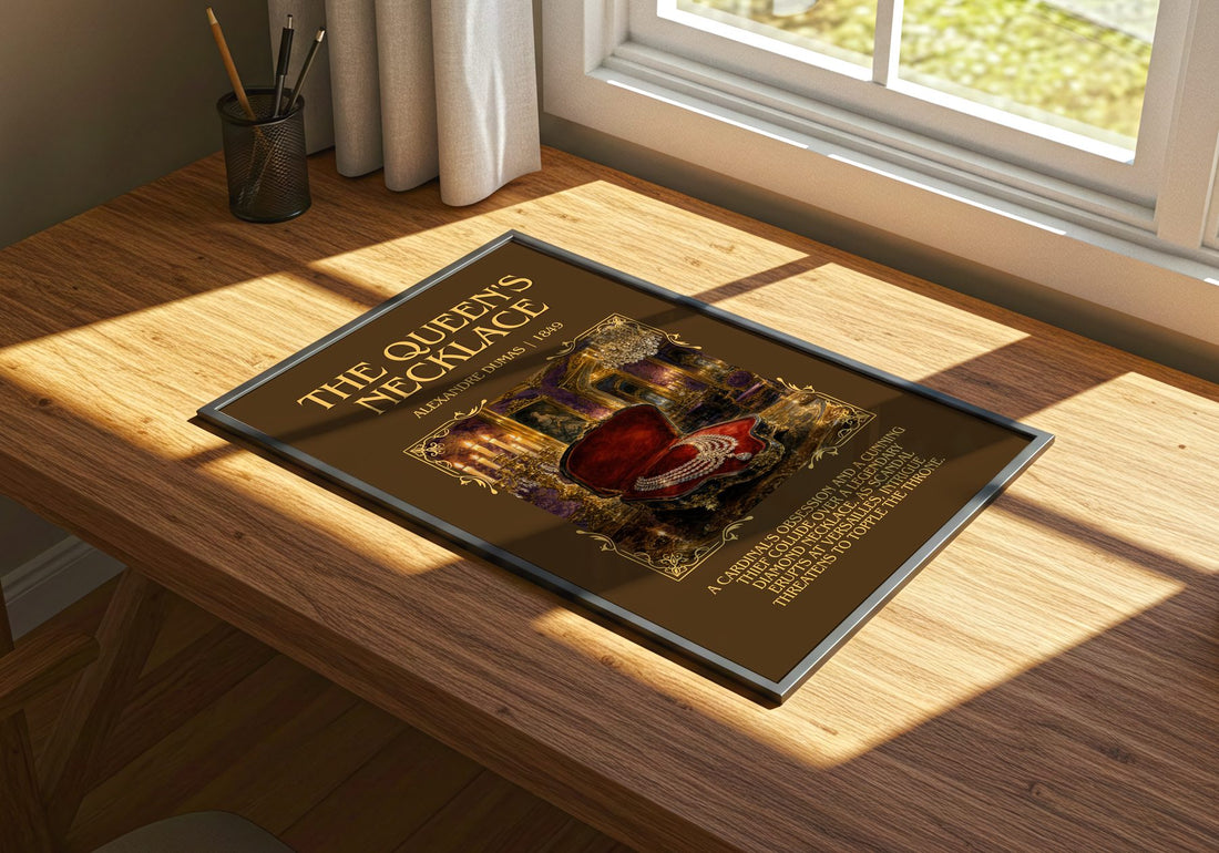 The Queen'S Necklace Minimalist Book Poster by Alexandre Dumas – print on a sunlit desk