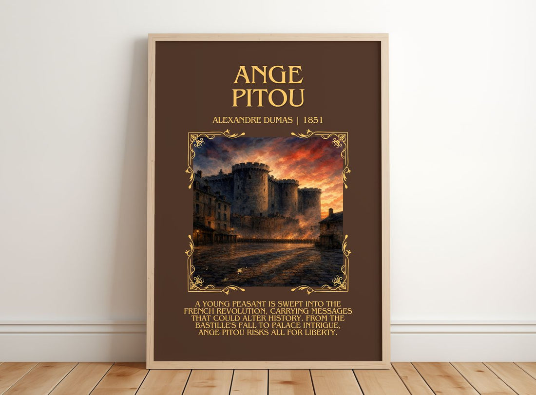 Ange Pitou Minimalist Book Poster by Alexandre Dumas – framed print leaning on a wooden floor