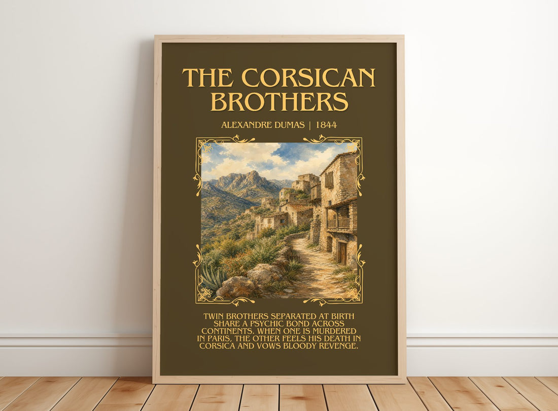 The Corsican Brothers Minimalist Book Poster by Alexandre Dumas – framed print leaning on a wooden floor