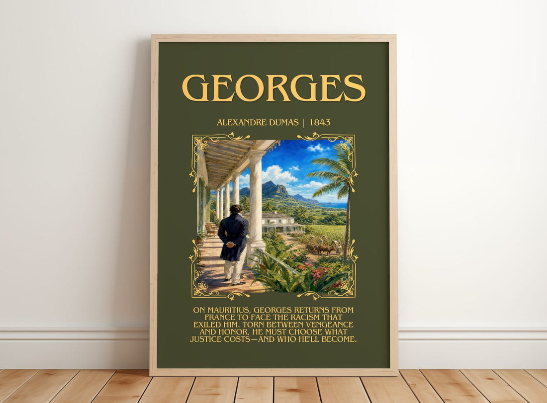 Georges Minimalist Book Poster by Alexandre Dumas – framed print leaning on a wooden floor