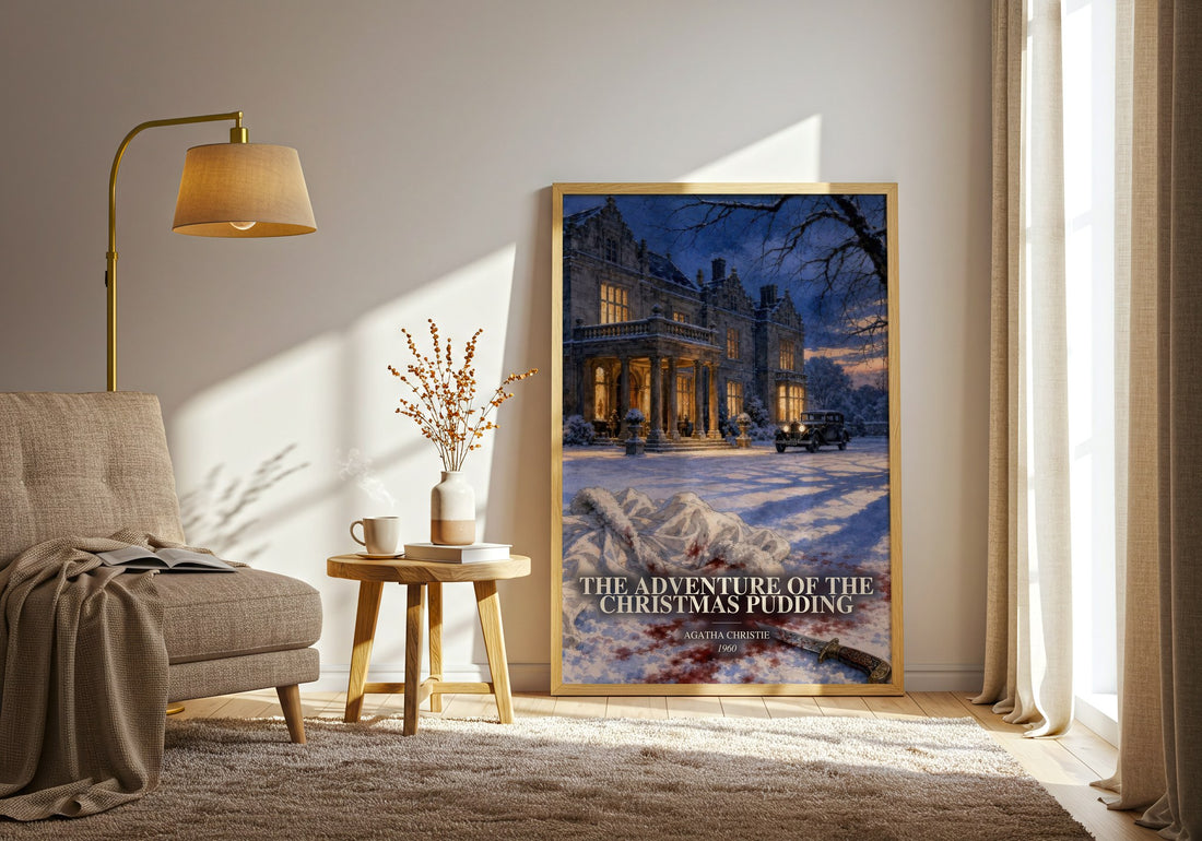 The Adventure Of The Christmas Pudding watercolour print in frame leaning in hallway – mystery wall art (mockup)
