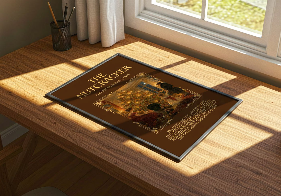 The Nutcracker Minimalist Book Poster by Alexandre Dumas – print on a sunlit desk