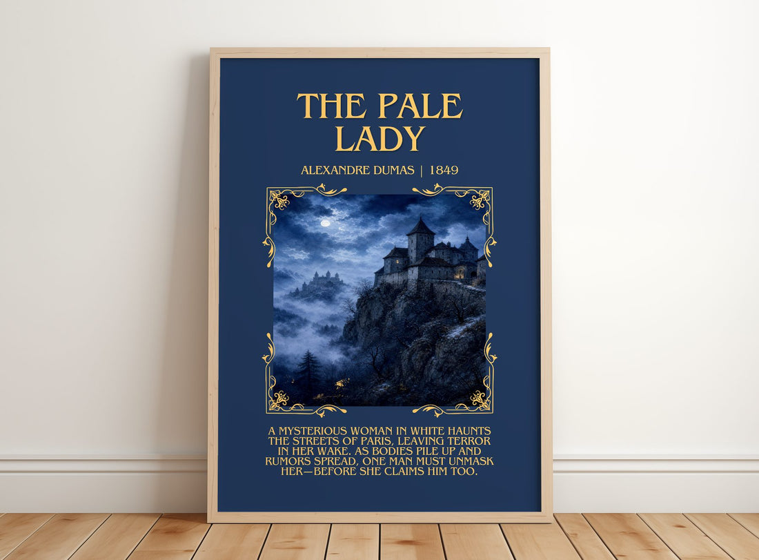 The Pale Lady Minimalist Book Poster by Alexandre Dumas – framed print leaning on a wooden floor