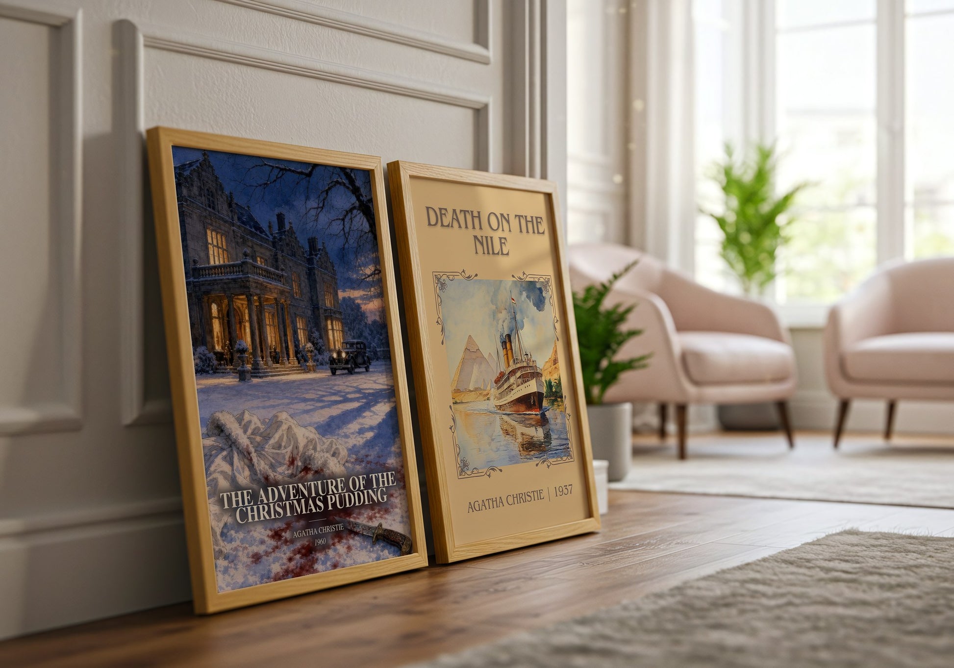 The Adventure Of The Christmas Pudding watercolour print framed by window – literary home decor