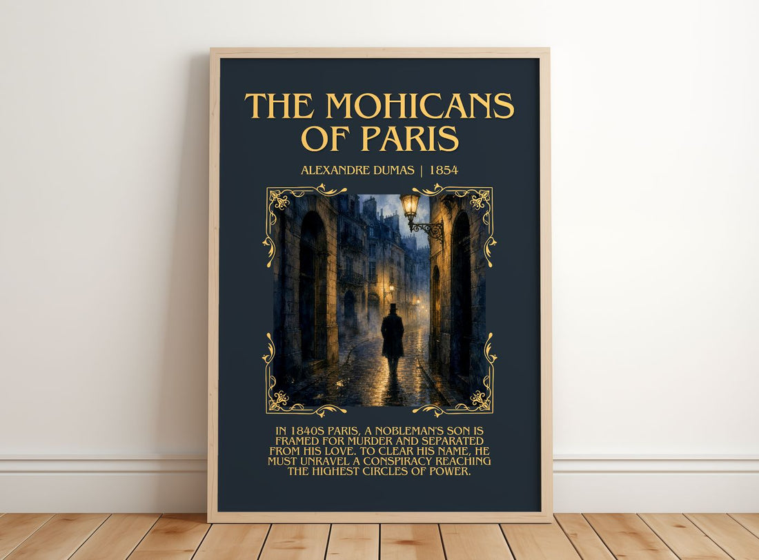 The Mohicans Of Paris Minimalist Book Poster by Alexandre Dumas – framed print leaning on a wooden floor