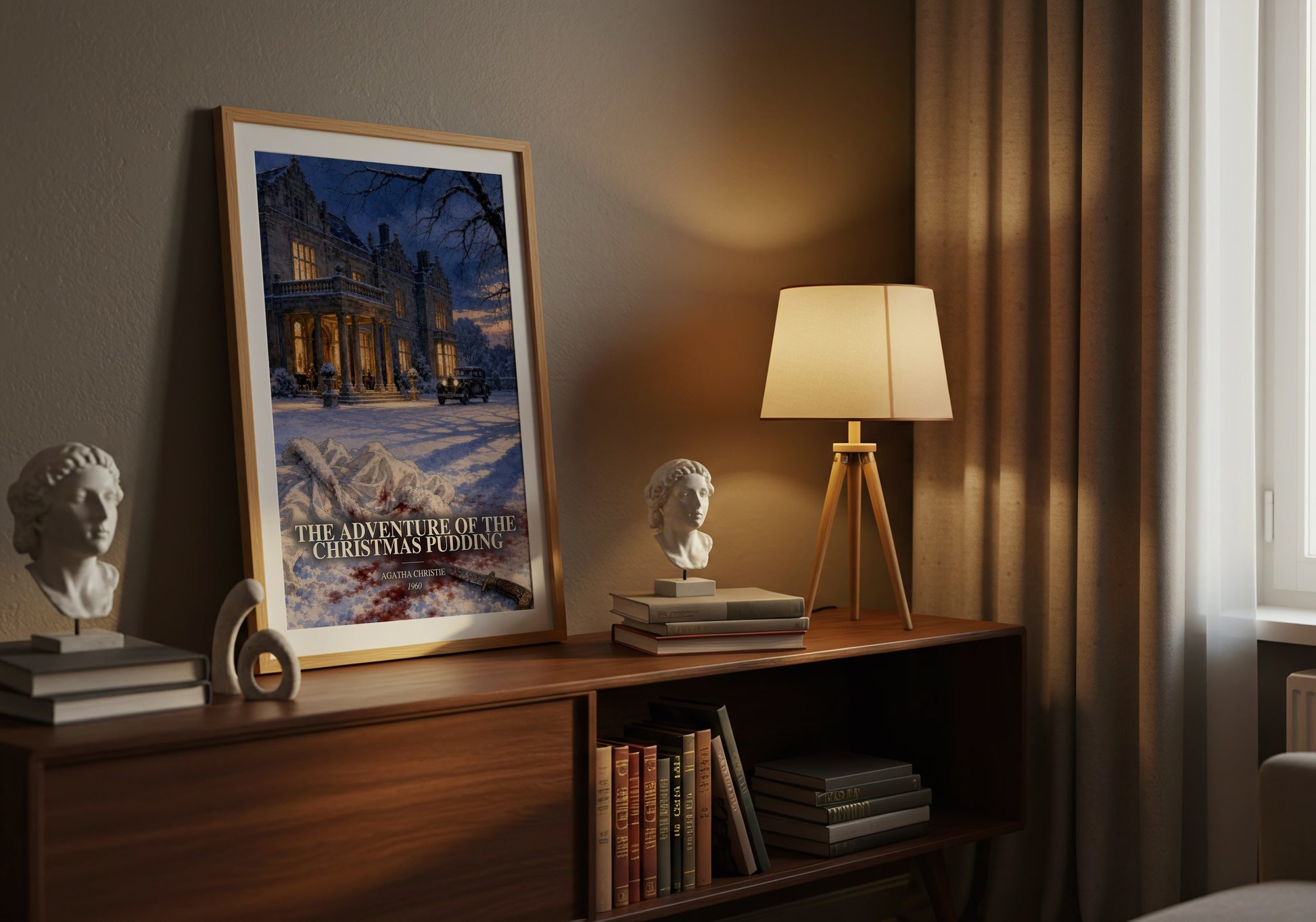 The Adventure Of The Christmas Pudding watercolour print on bookshelf – Agatha Christie fan gift