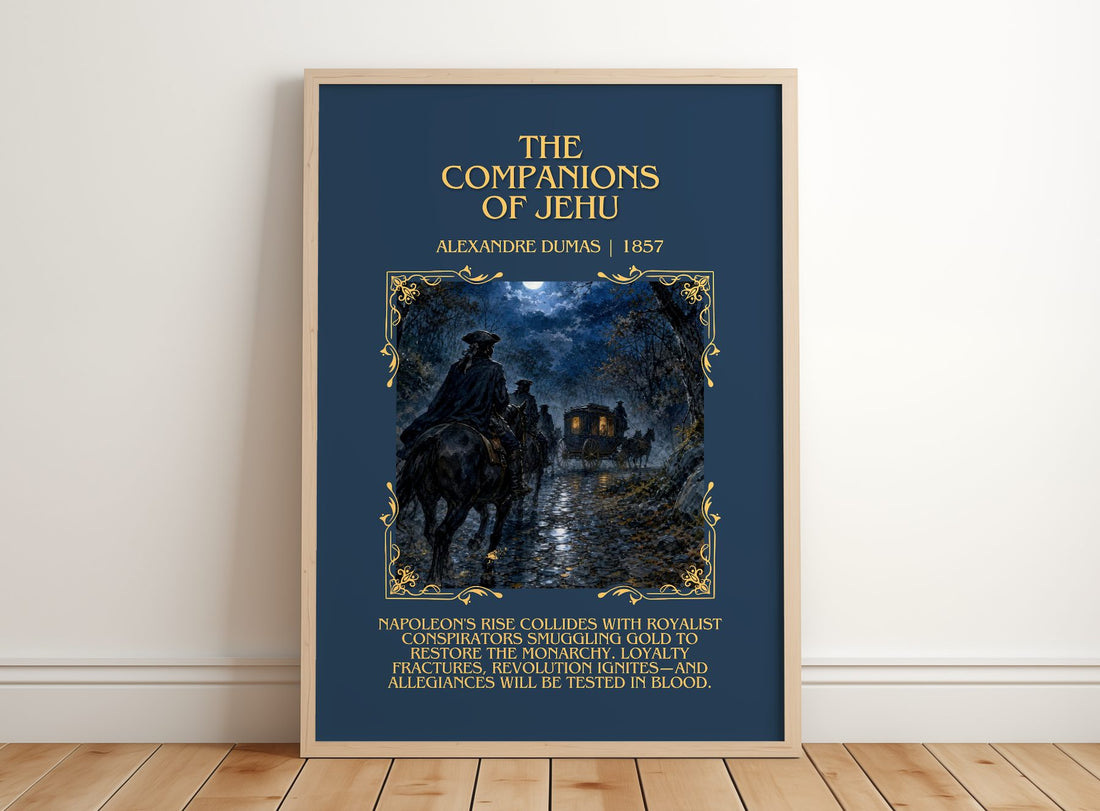The Companions Of Jehu Minimalist Book Poster by Alexandre Dumas – framed print leaning on a wooden floor