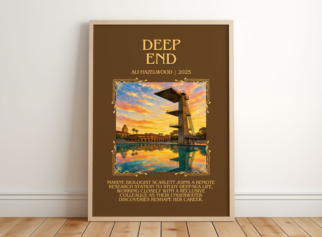 Deep End Minimalist Book Poster by Ali Hazelwood – framed print leaning on a wooden floor
