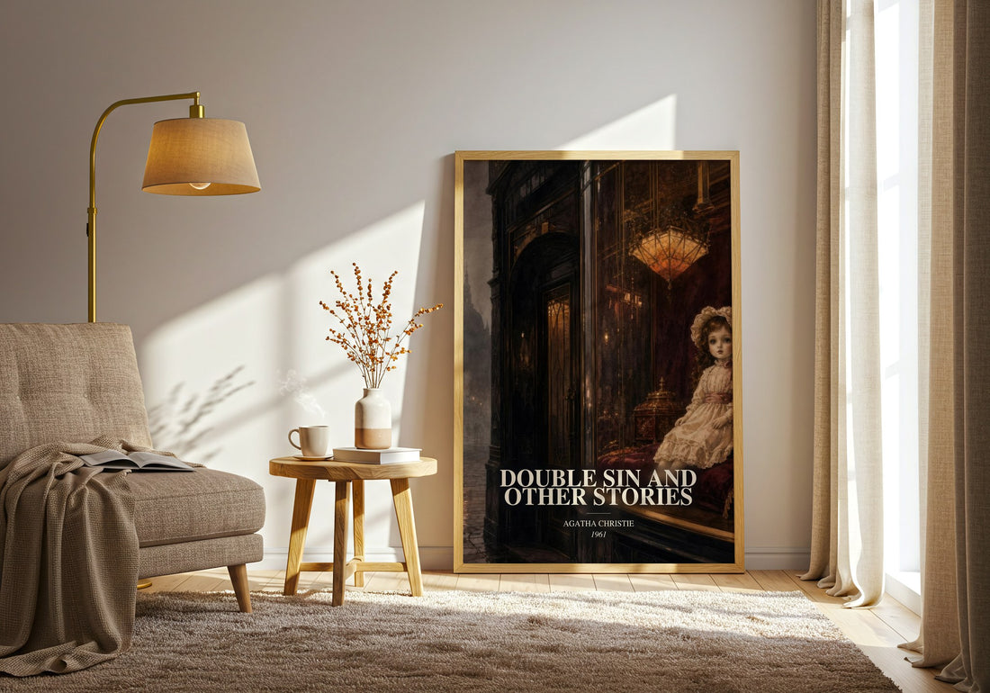 Double Sin And Other Stories watercolour print in frame leaning in hallway – mystery wall art (mockup)