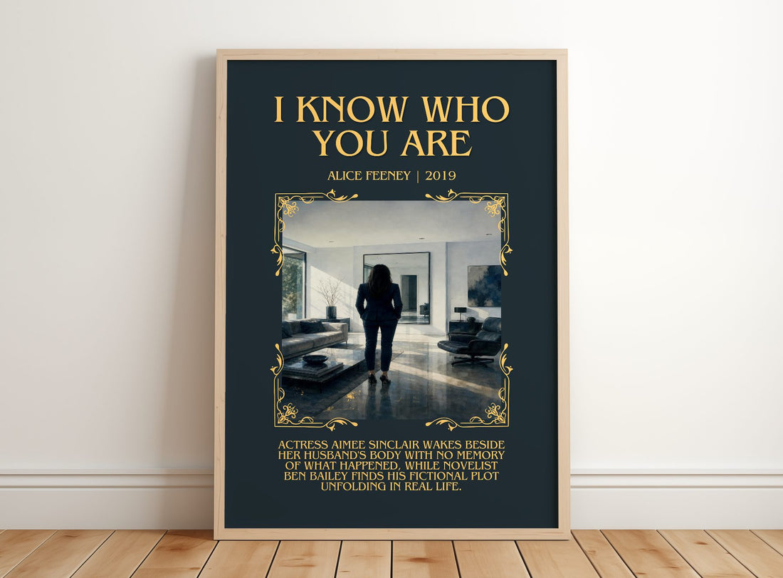 I Know Who You Are Minimalist Book Poster by Alice Feeney – framed print leaning on a wooden floor
