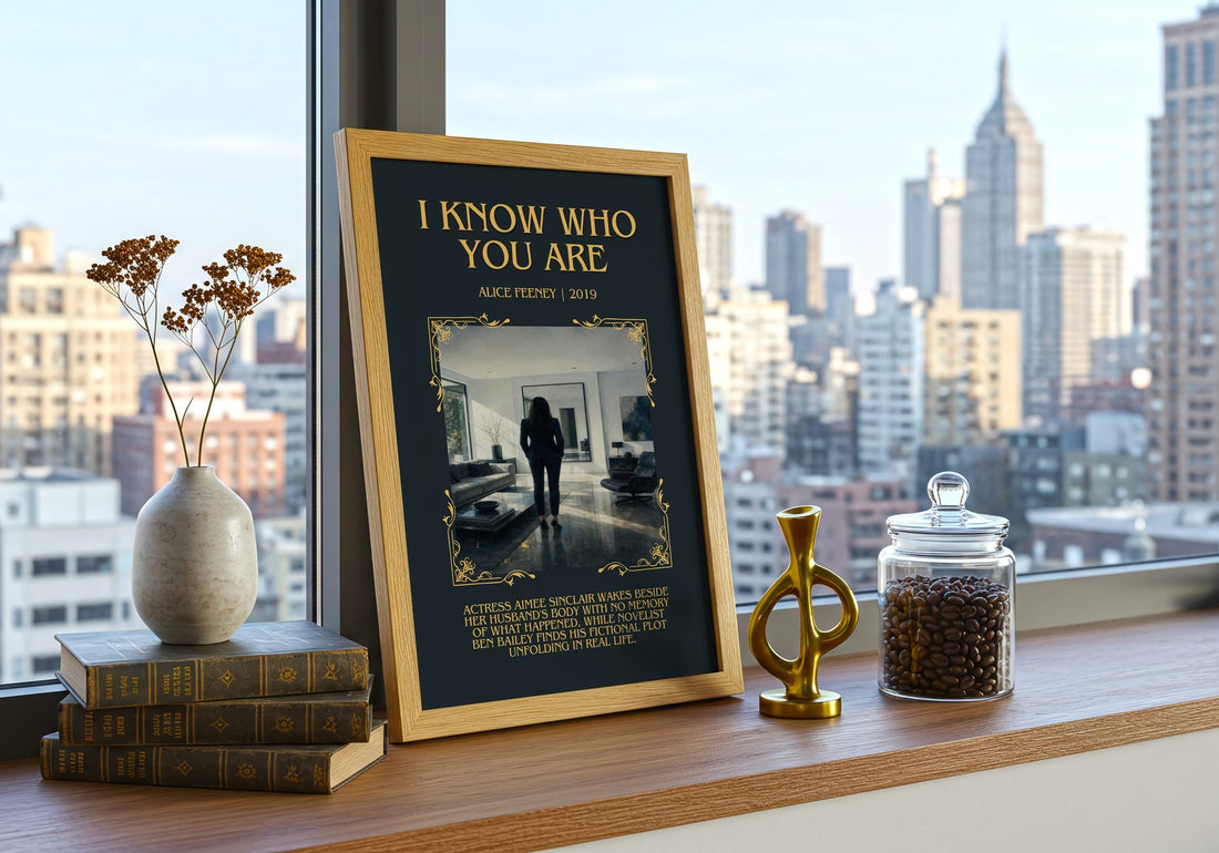 I Know Who You Are Minimalist Book Poster by Alice Feeney – framed print on a city-view windowsill