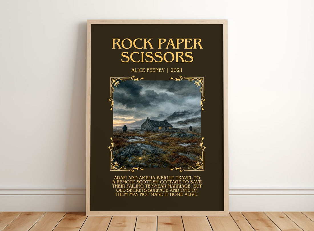 Rock Paper Scissors Minimalist Book Poster by Alice Feeney – framed print leaning on a wooden floor
