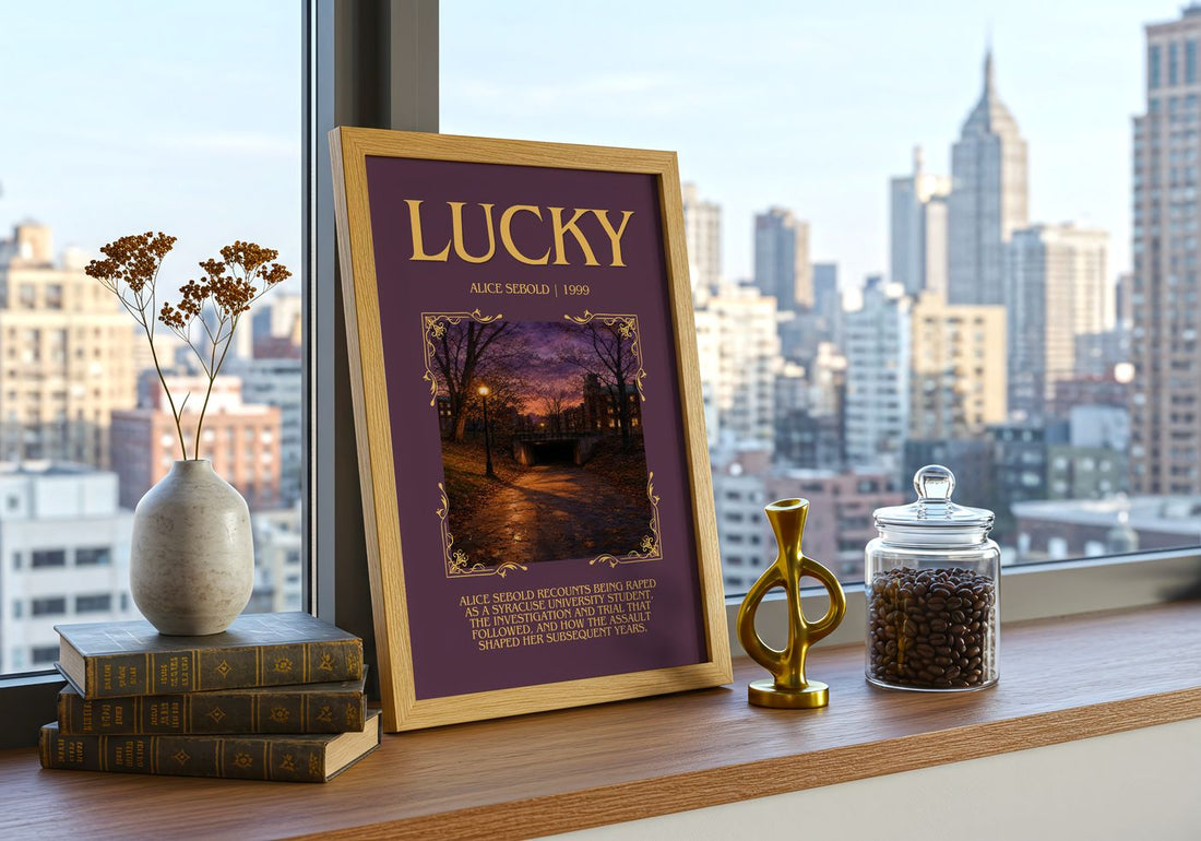 Lucky Minimalist Book Poster by Alice Sebold – framed print on a city-view windowsill