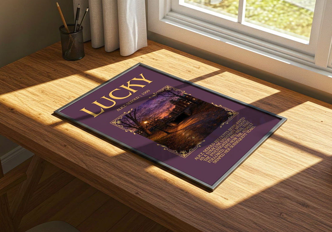 Lucky Minimalist Book Poster by Alice Sebold – print on a sunlit desk