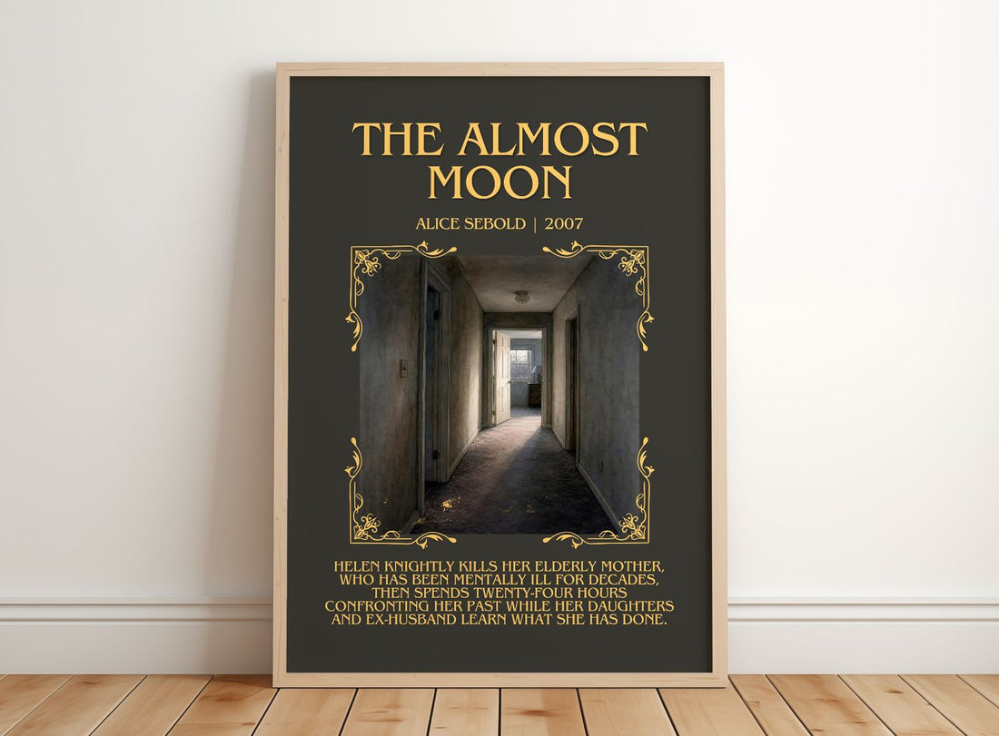 The Almost Moon Minimalist Book Poster by Alice Sebold – framed print leaning on a wooden floor