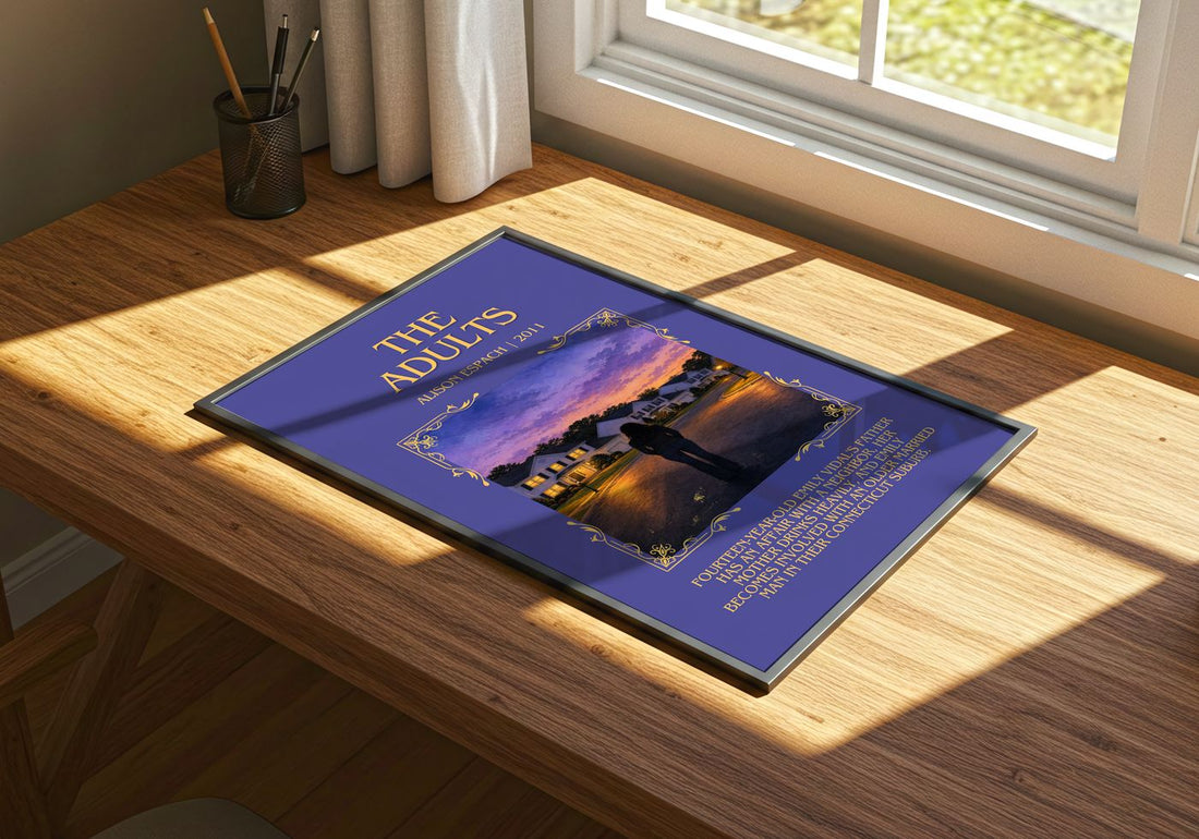 The Adults Minimalist Book Poster by Alison Espach – print on a sunlit desk