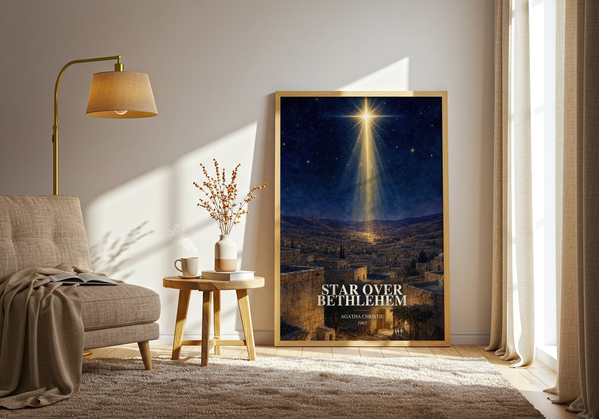 Star Over Bethlehem watercolour print in frame leaning in hallway – poetry wall art