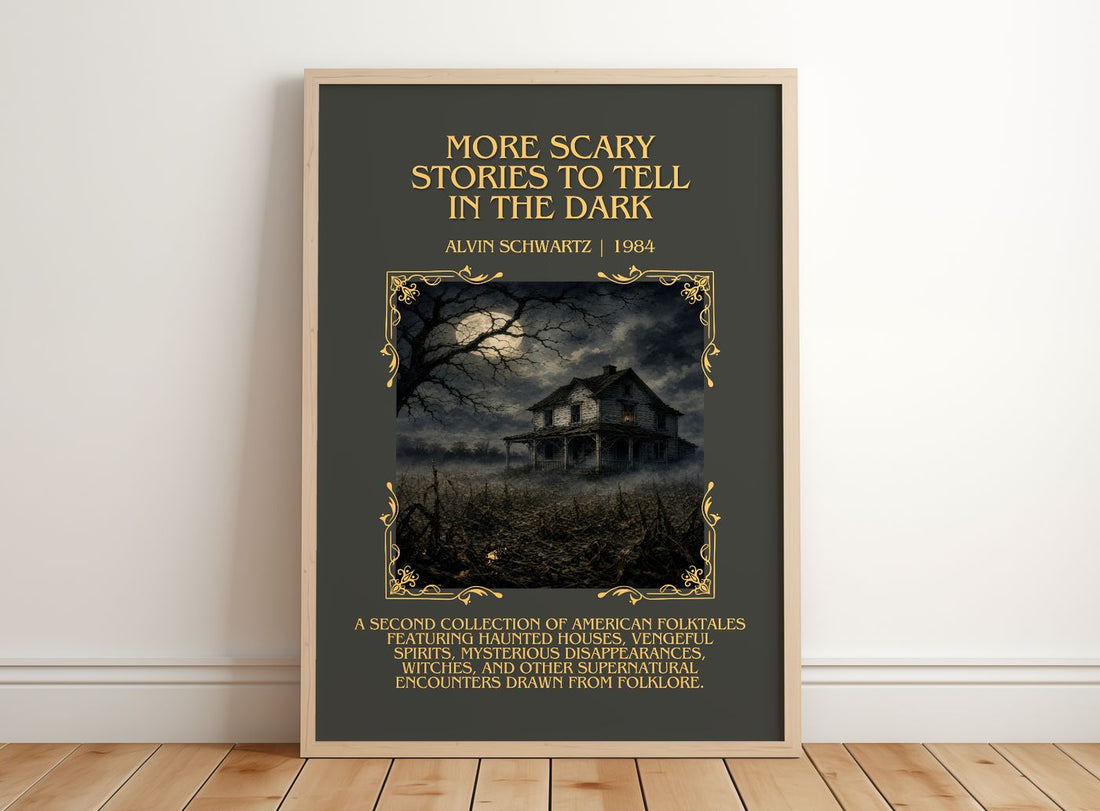 More Scary Stories To Tell In The Dark Minimalist Book Poster – framed print leaning on a wooden floor