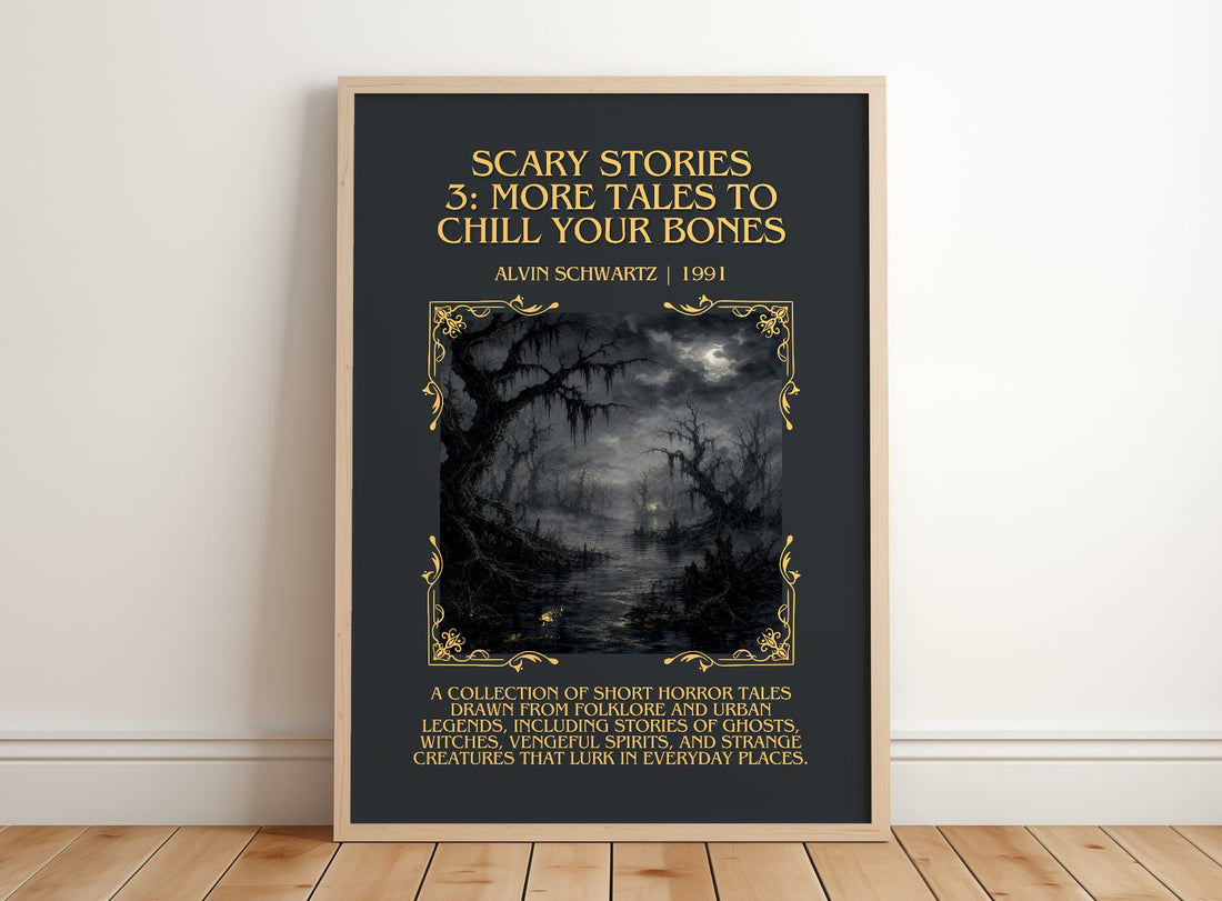 Scary Stories 3: More Tales To Chill Your Bones Minimalist Book – framed print leaning on a wooden floor