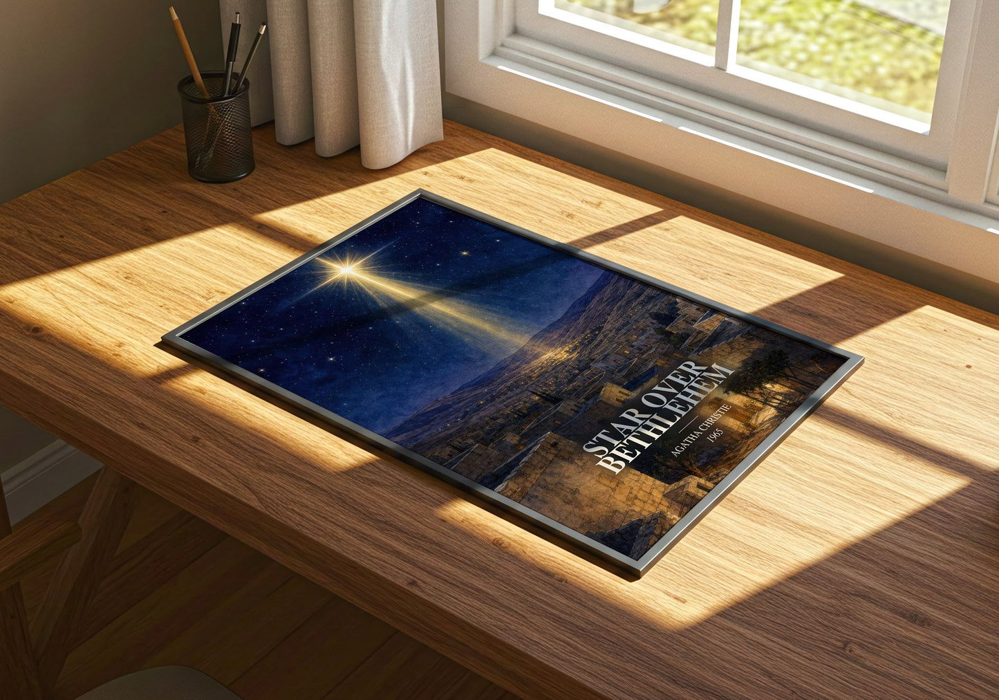 Star Over Bethlehem watercolour book poster framed on wall – poetry wall art