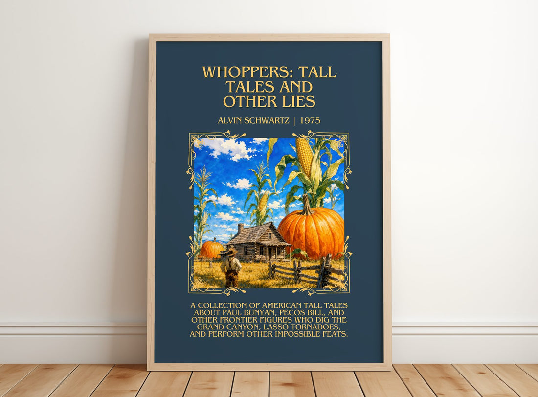 Whoppers: Tall Tales And Other Lies Minimalist Book Poster – framed print leaning on a wooden floor