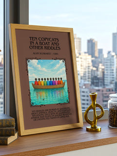 Ten Copycats In A Boat And Other Riddles Minimalist Book Poster – framed print on a city-view windowsill