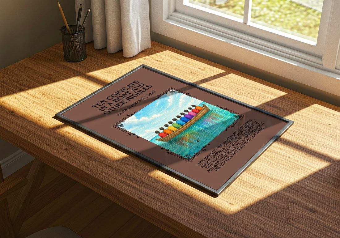 Ten Copycats In A Boat And Other Riddles Minimalist Book Poster – print on a sunlit desk