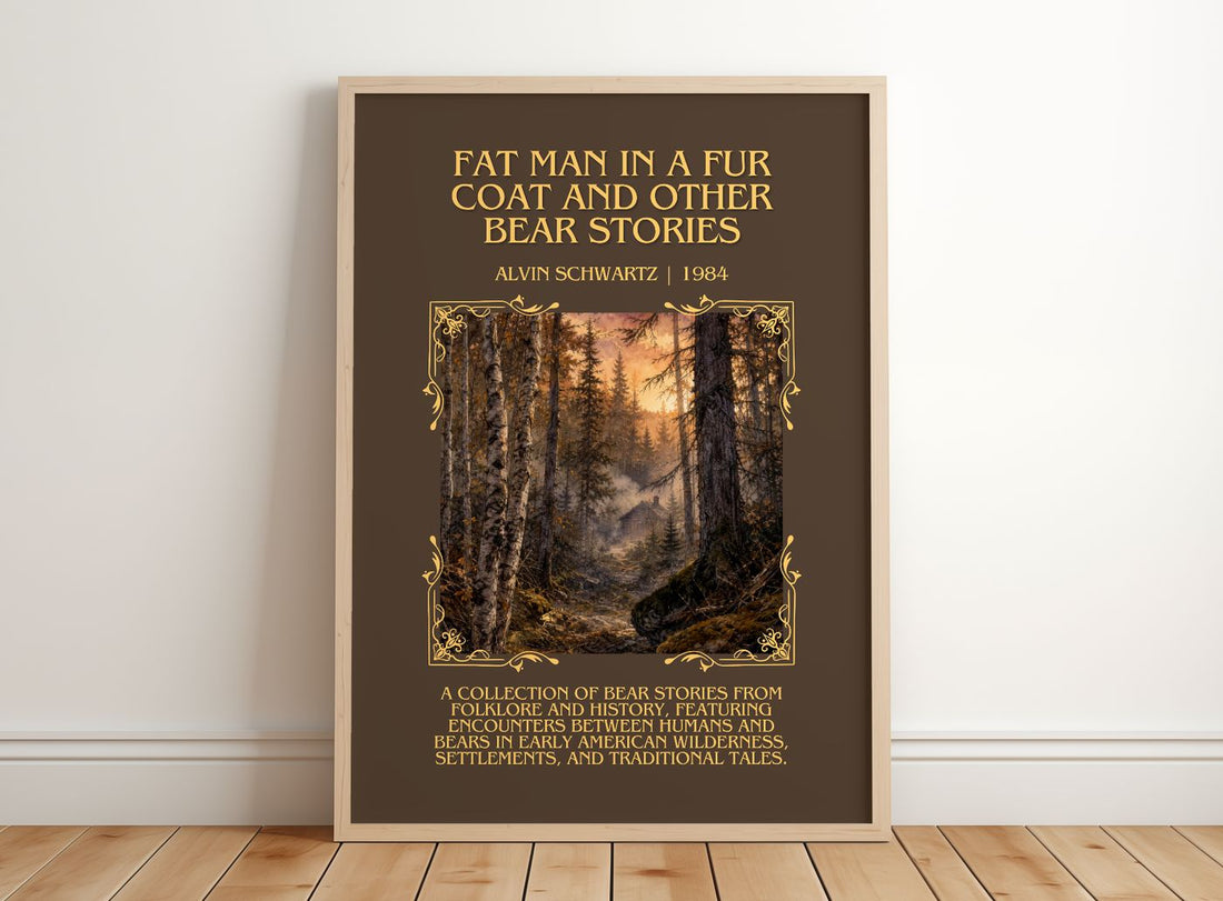 Fat Man In A Fur Coat And Other Bear Stories Minimalist Book Poster – – framed print leaning on a wooden floor