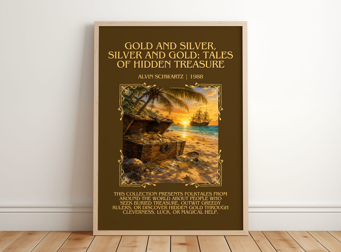Gold And Silver, Silver And Gold: Tales Of Hidden Treasure Minimalist – framed print leaning on a wooden floor
