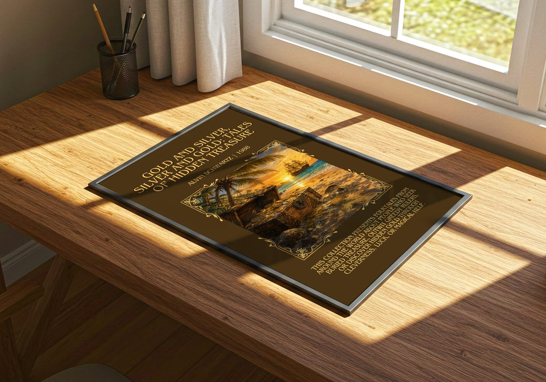 Gold And Silver, Silver And Gold: Tales Of Hidden Treasure Minimalist – print on a sunlit desk