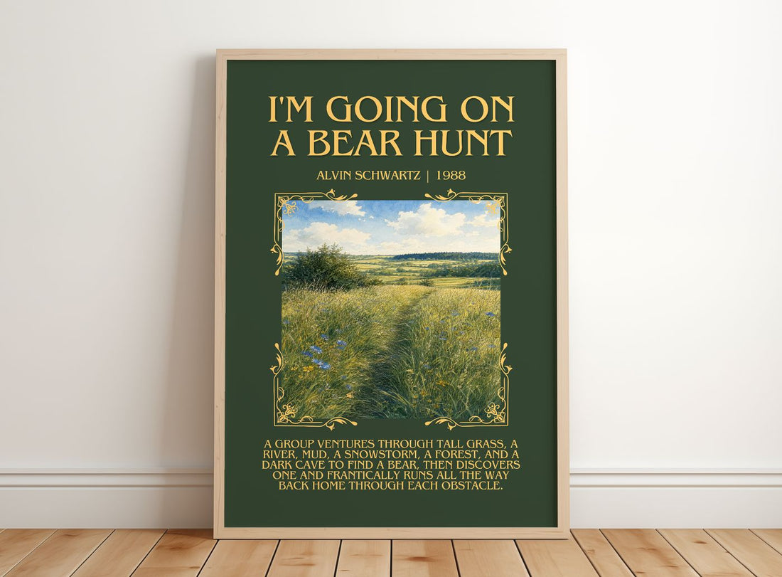 I'M Going On A Bear Hunt Minimalist Book Poster by Alvin Schwartz – framed print leaning on a wooden floor