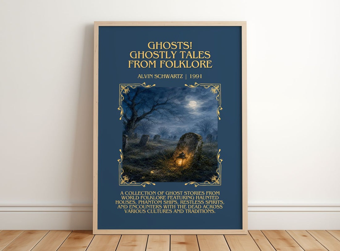 Ghosts! Ghostly Tales From Folklore Minimalist Book Poster – framed print leaning on a wooden floor