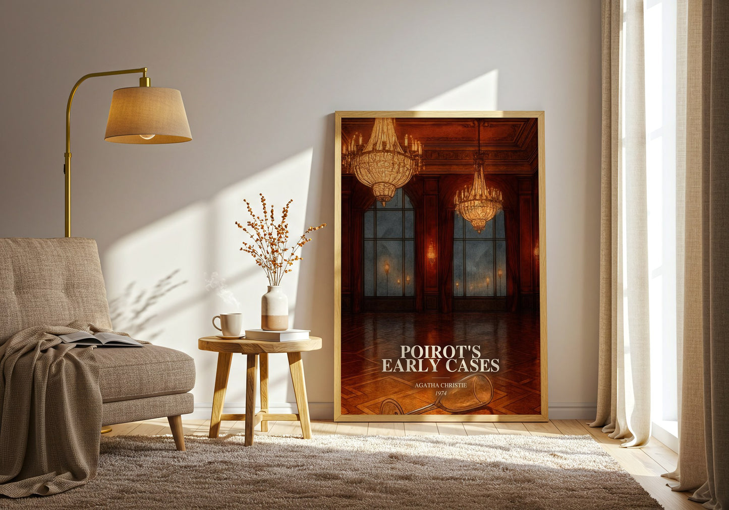 Poirot'S Early Cases watercolour print in frame leaning in hallway – mystery wall art