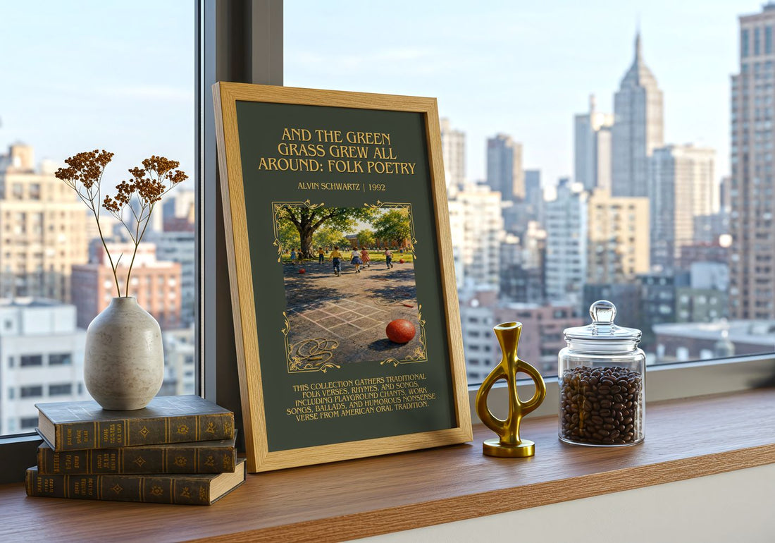 And The Green Grass Grew All Around: Folk Poetry Minimalist Book – framed print on a city-view windowsill