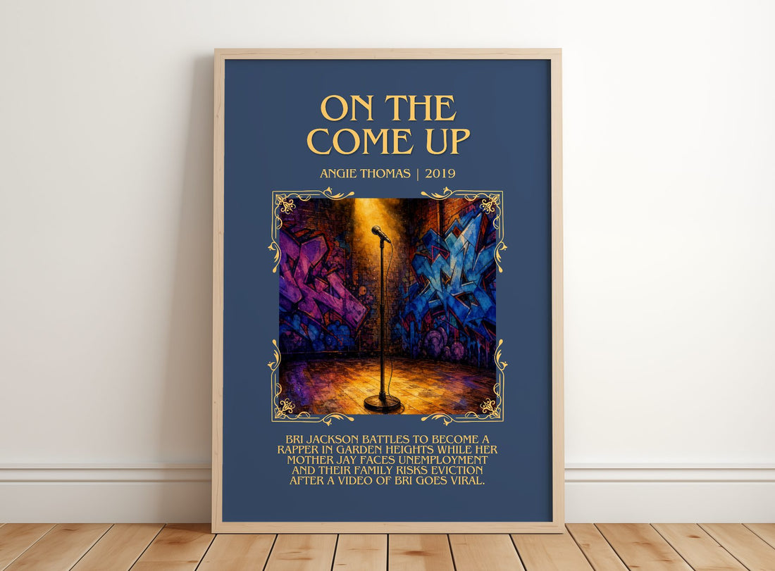 On The Come Up Minimalist Book Poster by Angie Thomas – framed print leaning on a wooden floor