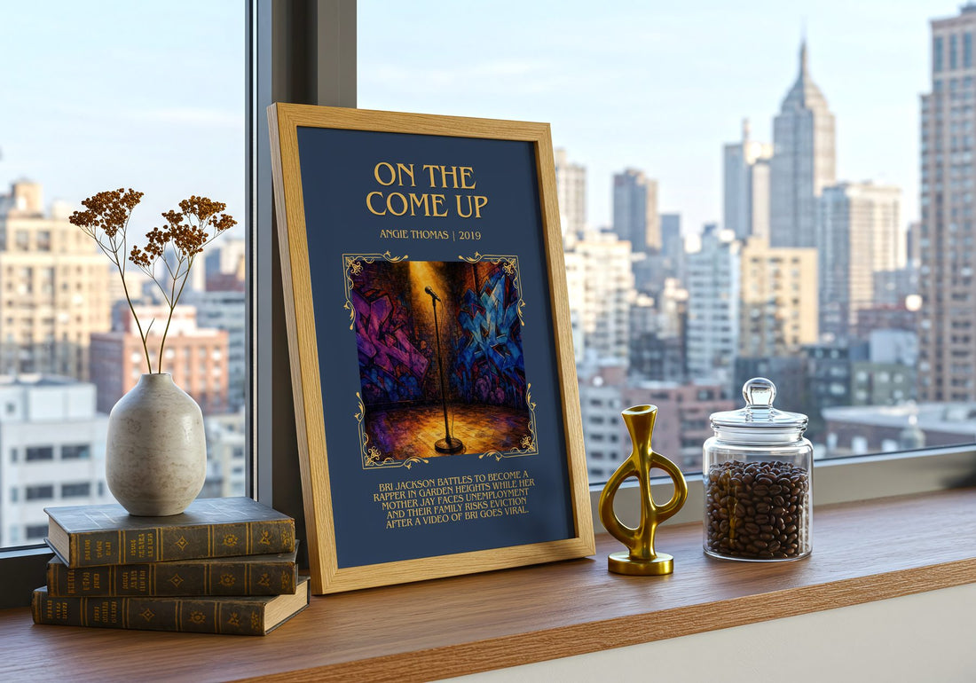 On The Come Up Minimalist Book Poster by Angie Thomas – framed print on a city-view windowsill
