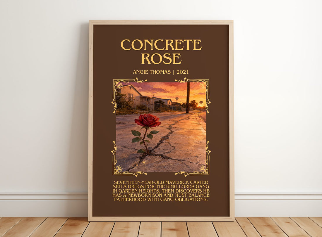 Concrete Rose Minimalist Book Poster by Angie Thomas – framed print leaning on a wooden floor