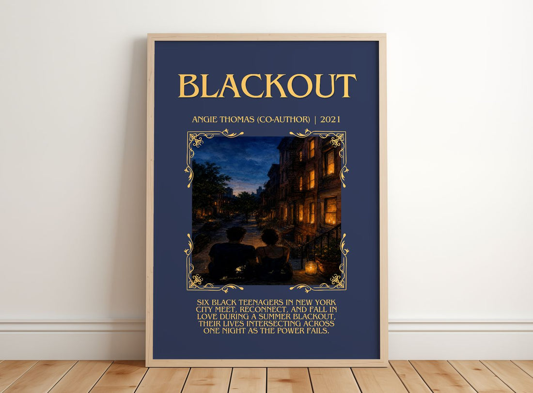 Blackout Minimalist Book Poster by Angie Thomas (Co-Author) – framed print leaning on a wooden floor