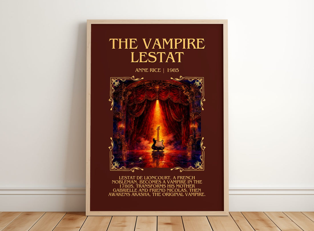 The Vampire Lestat Minimalist Book Poster by Anne Rice – framed print leaning on a wooden floor