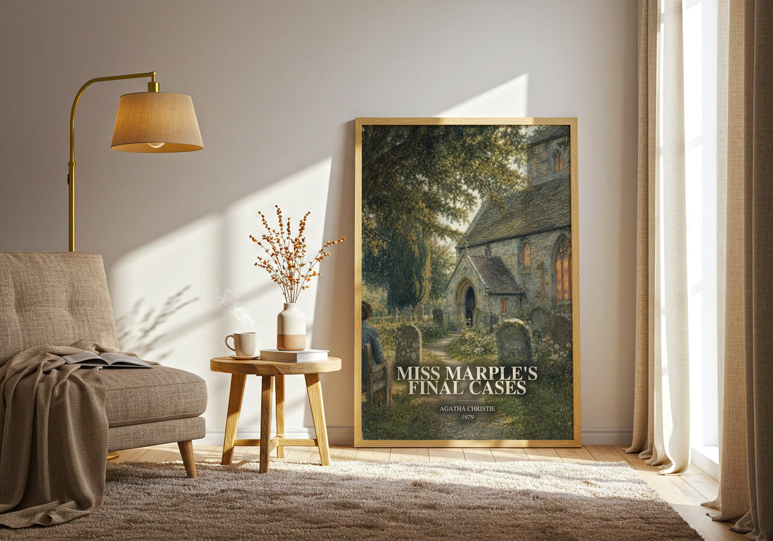 Miss Marple'S Final Cases watercolour print in frame leaning in hallway – mystery wall art (mockup)