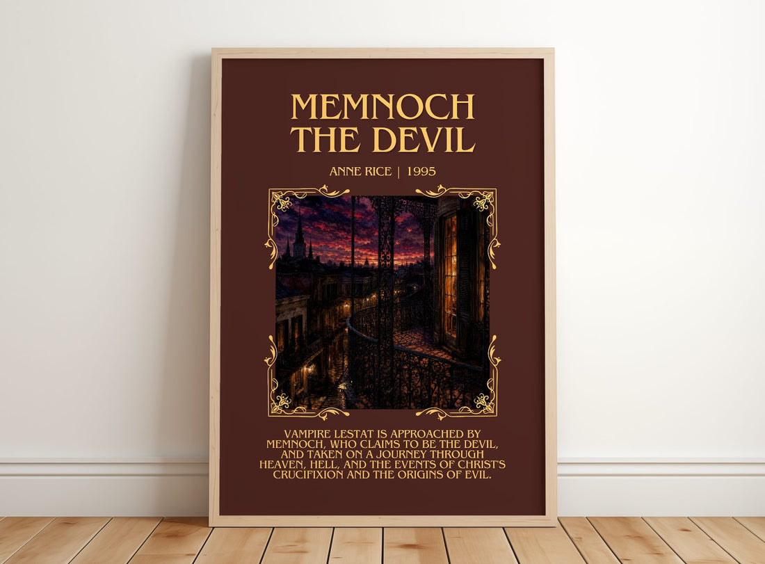 Memnoch The Devil Minimalist Book Poster by Anne Rice – framed print leaning on a wooden floor