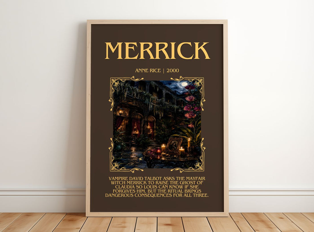 Merrick Minimalist Book Poster by Anne Rice – framed print leaning on a wooden floor