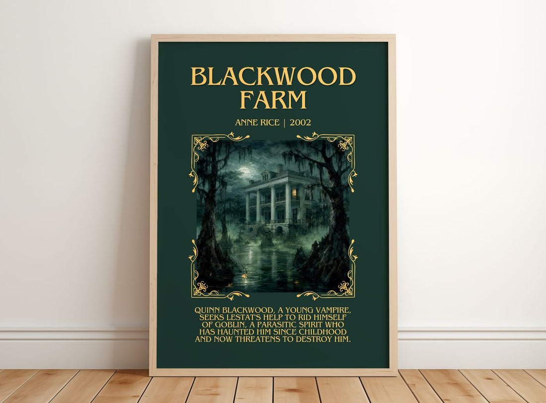 Blackwood Farm Minimalist Book Poster by Anne Rice – framed print leaning on a wooden floor